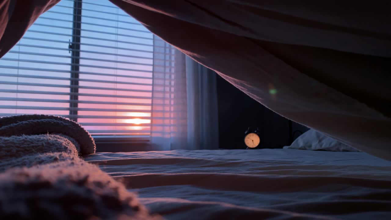 Den opgående sol kaster varmt lys gennem persiennerne over sengen, der afslører et tekstureret tæppe, en dyne og et vækkeur.