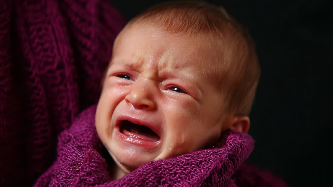 A close-up depiction of a distressed infant expressing intense emotions, showcasing tears and expressions of discomfort, wrapped snugly in a soft purple knitted garment, surrounded by darkness