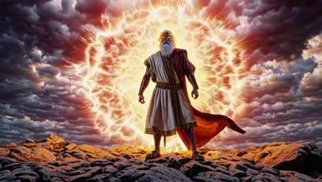 Prophet standing on a rocky mountain with lightning and bright light surrounding him, with a dramatic cloudy sky in the background, creating a powerful and spiritual atmosphere