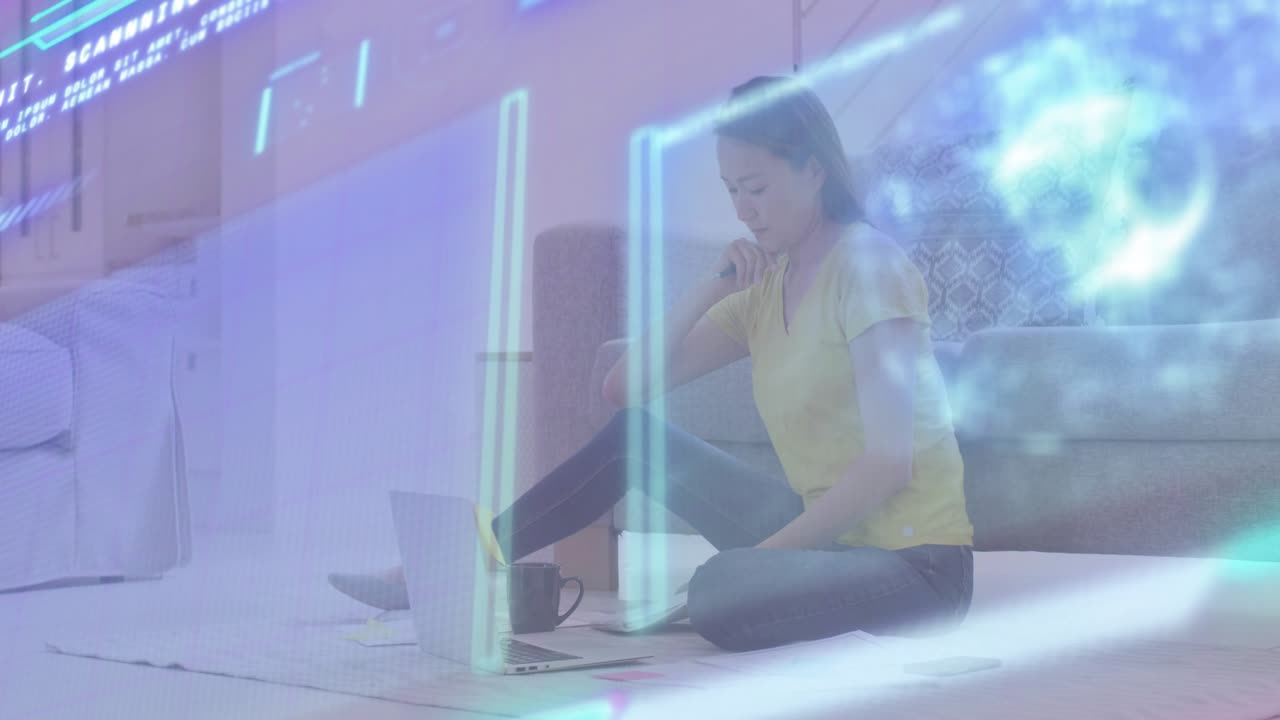 Tech worker receiving smartphone call, viewing graphs, swiping holographic globe for data review