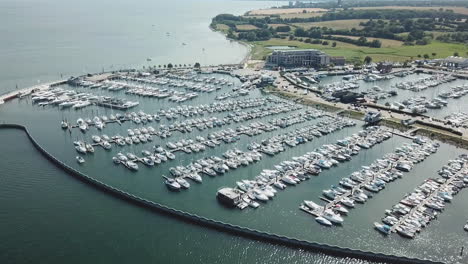 Aerial-view-of-marina-a-dock---yachts-and-small-boats