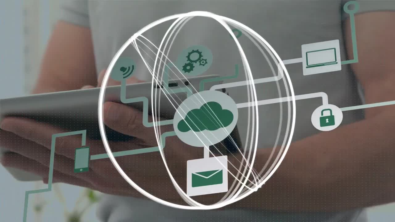 animación de iconos de los medios sobre el hombre caucásico usando la tableta