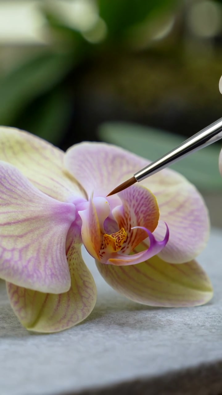 Vertical video: Entering paintbrush probing orchid bloom on slab by hand, studying inner detail