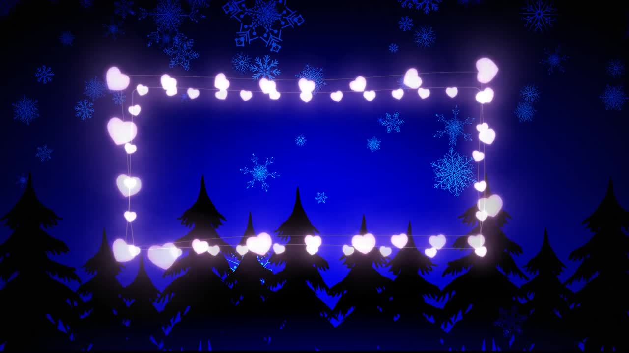 Animation of fairy light frame with copy space over fir trees and winter scenery