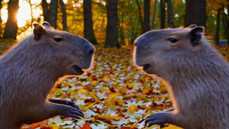 two capybaras in autumn forest