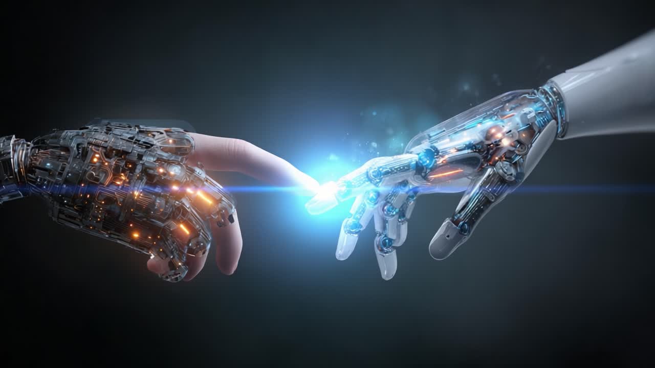A Surreal Encounter: The Moment of Connection Between Human and Robotic Hands, Illuminating the Intersection of Technology and Humanity