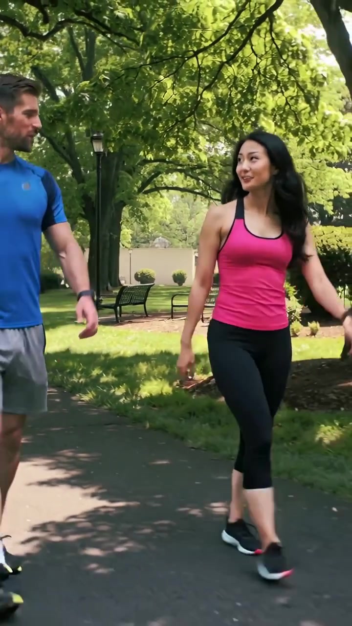 Video vertical: Pareja caminando entrando por la izquierda para hacer ejercicio, paseando por un sendero del parque con camiseta sin mangas rosa.