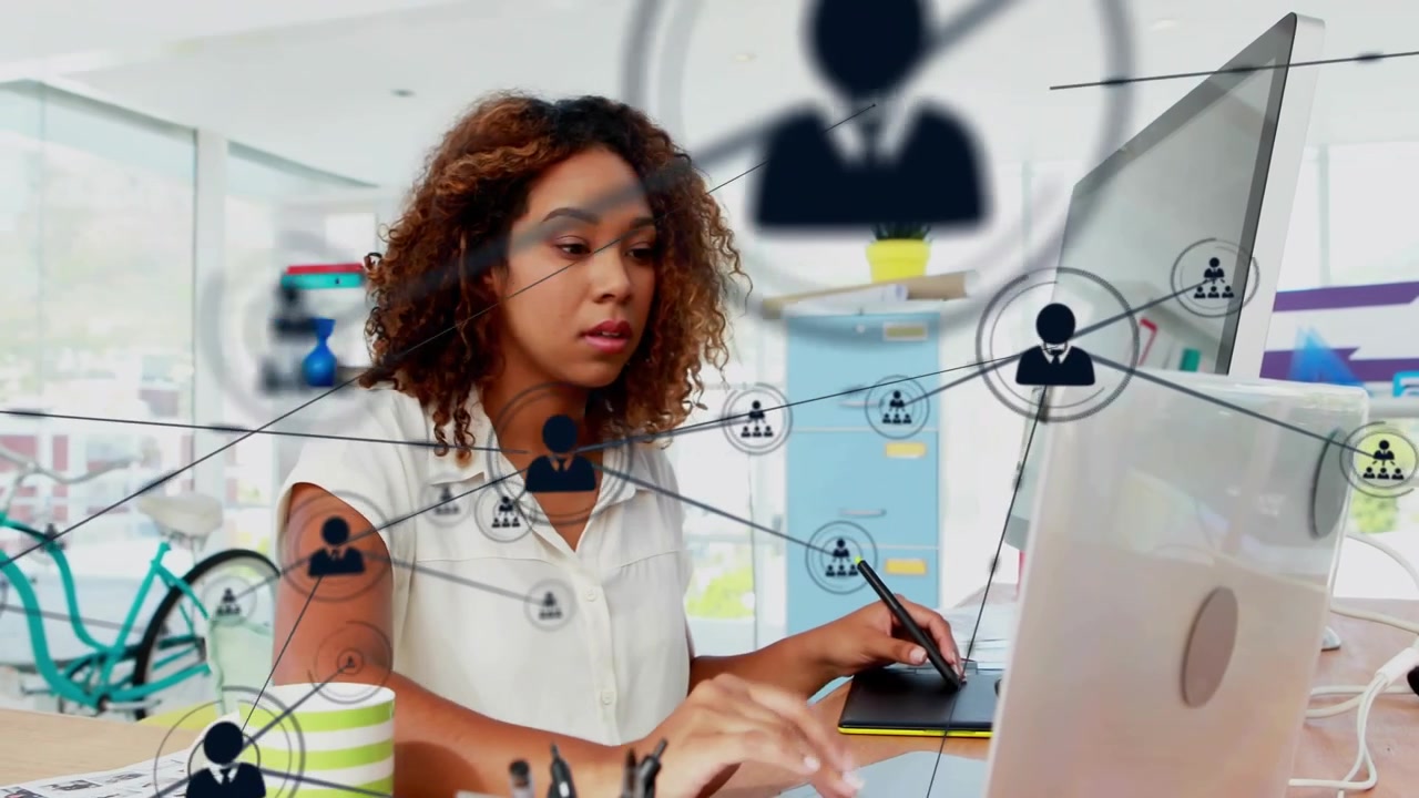 Woman typing laptop while using stylus, causing network nodes growing over desk, mapping tech links