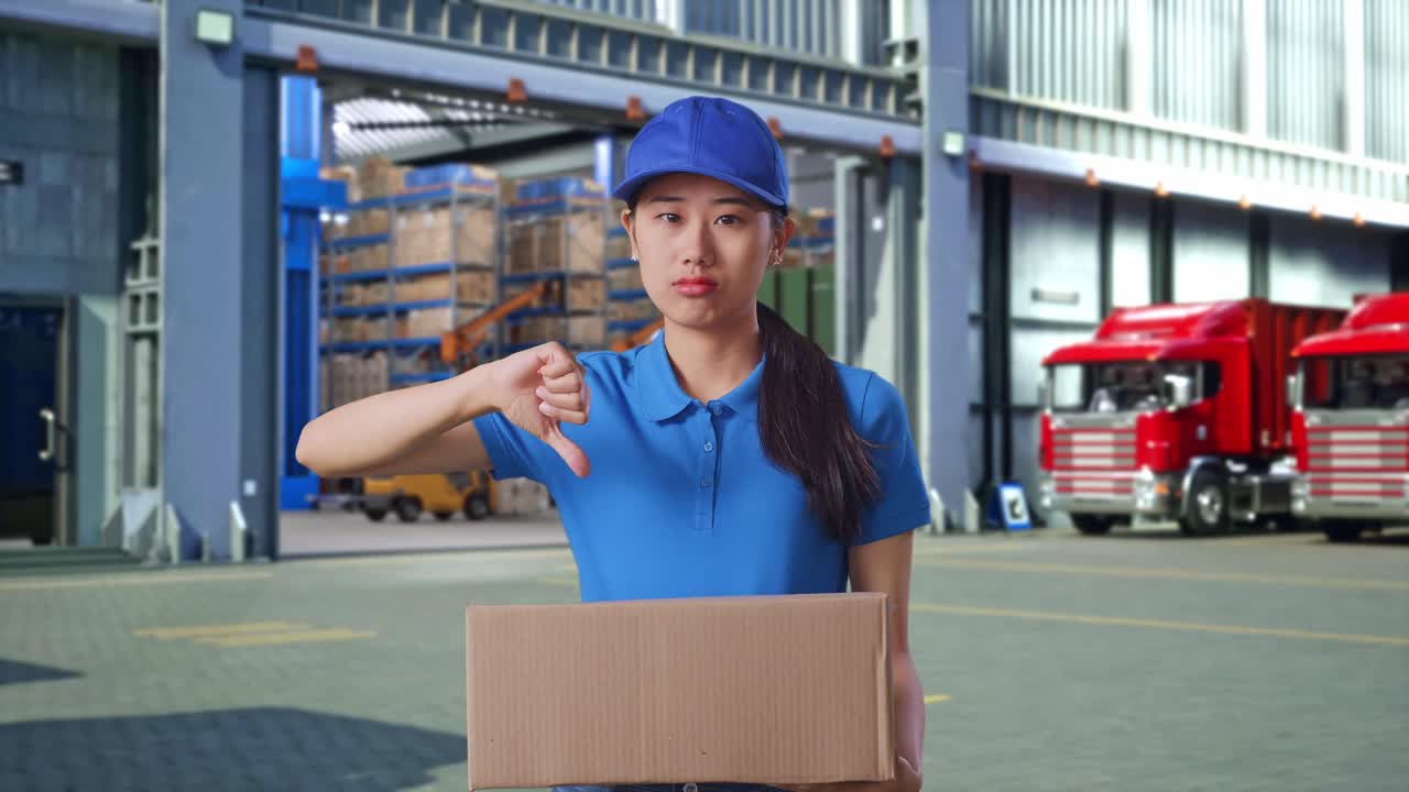 Unsatisfied Asian Female Courier In Blue Uniform Showing Thumbs Down Gesture While Delivering A Carton, Outside Warehouse