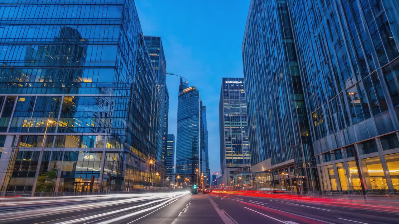 Stadtbild bei Nacht mit modernen Gebäuden und Verkehr