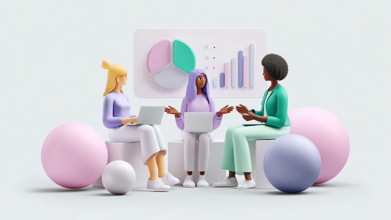 Three animated female characters engage in a collaborative discussion about data analysis, using laptops and exploring graphs in a modern, colorful workspace atmosphere