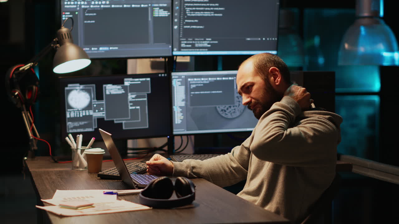 Programmer experiencing neck pain while working on computer