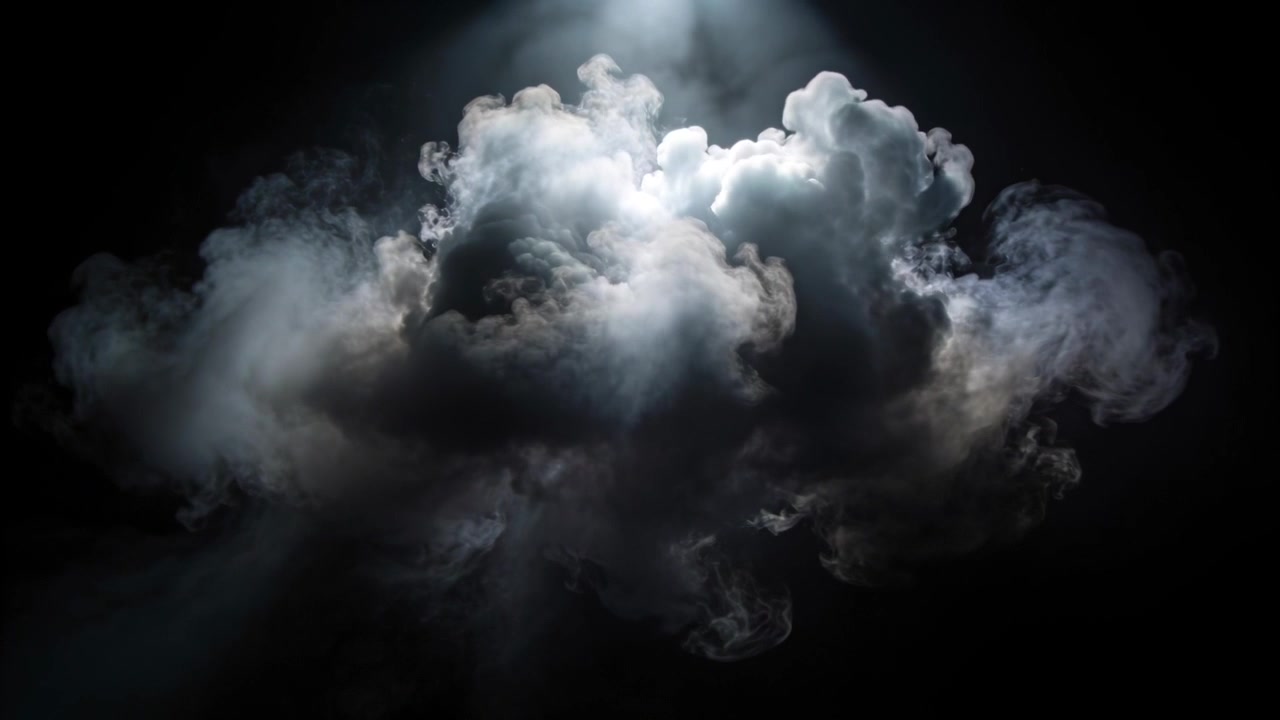 Billowing dense smoke cloud shifting, expanding in dark studio, overhead light initiating motion