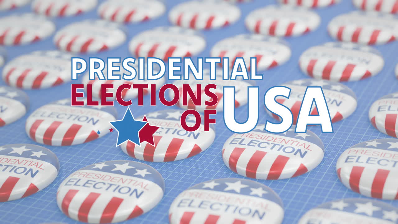 Animation of presidential elections of usa text and stars over usa flag election badges