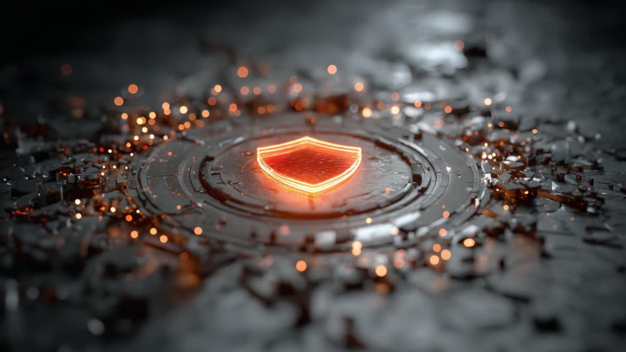 A Glowing Shield Symbol Surrounded by Sparkling Shards on a Dark Background, Signifying Protection and Security in a Modern Digital Environment