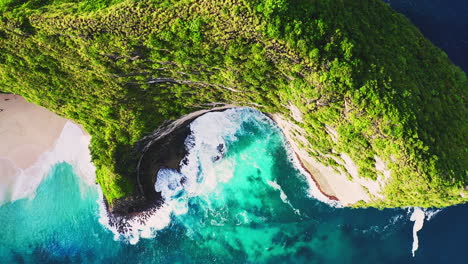 cliff with bright green foliage above blue t-rex beach lagoon