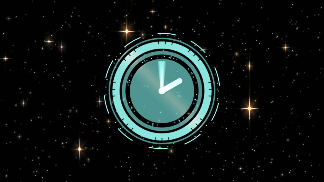 검은색 배경 에 반 ⁇ 이는 별 들 위 에 움직이는 손 을 가진 시계 의 애니메이션