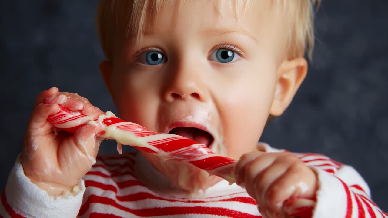 A Curious Toddler Enjoys a Sweet Treat by Savoring a Candy Cane with Delightful Expressions, Caught in a Moment of Pure Joy and Exploration as They Taste the Deliciousness