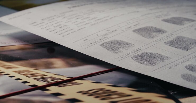 Close-up shows a fingerprint evidence card being placed on an investigation desk, evoking forensic examination and private detective casework.