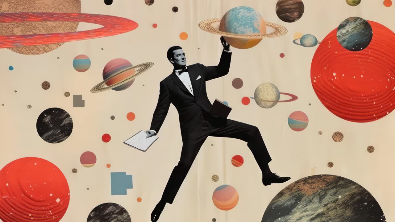 Surreal video concept with a vintage style. A man in a suit floats among planets. Low-angle shot