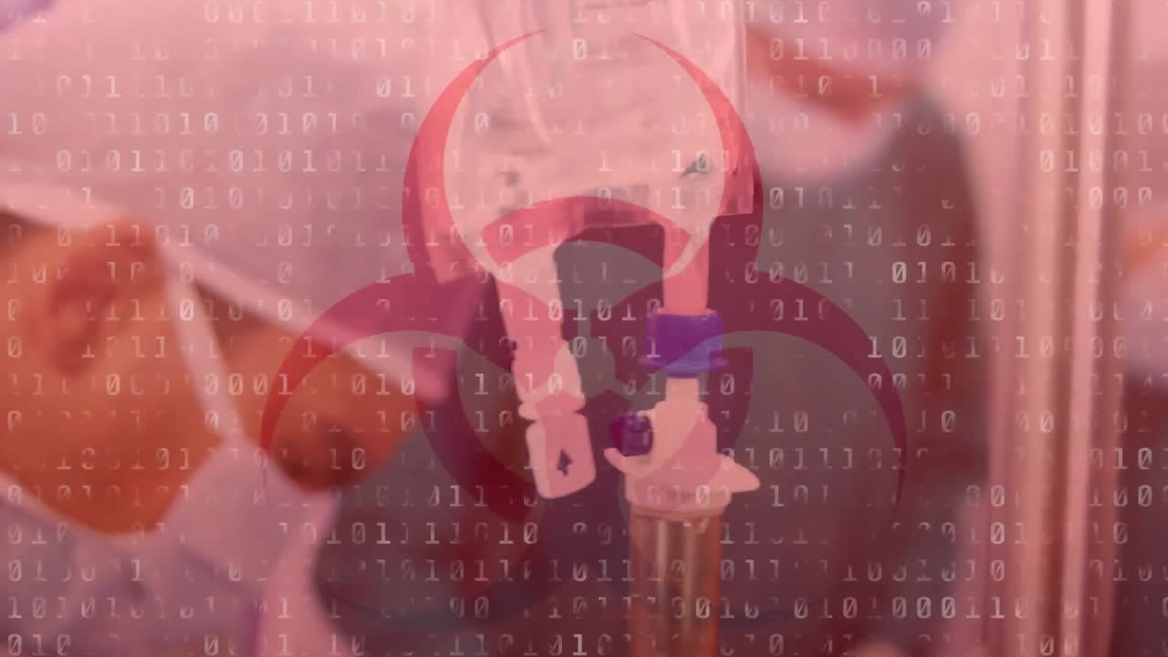 signo de peligro para la salud con procesamiento de datos sobre una paciente femenina en el fondo. propagación de covid-19