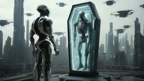 robot and preserved alien in futuristic city