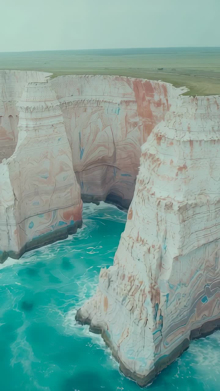 Vertical video: Drone panning over chalk cliffs toward grassy plateau, capturing turquoise waves