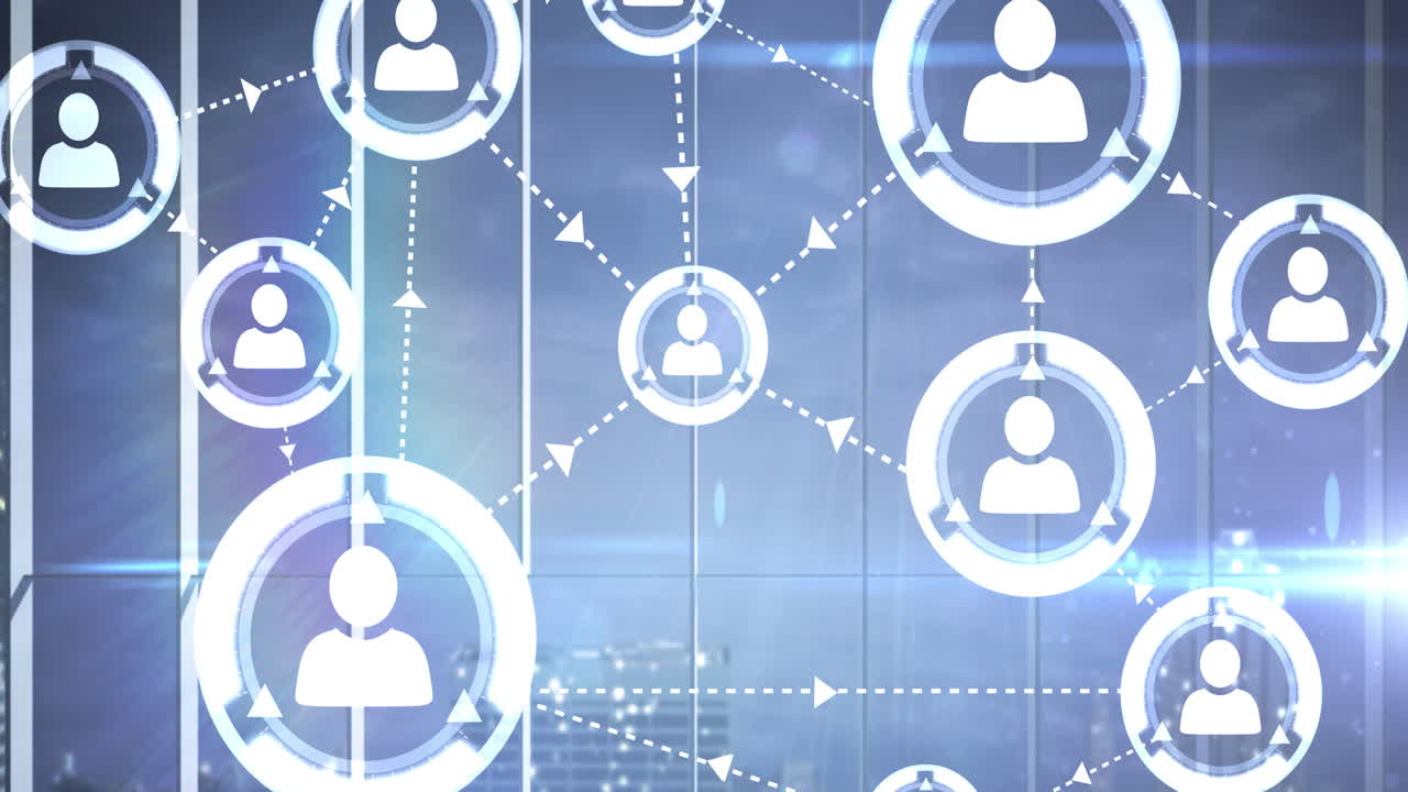 animación de la red de conexión con las personas iconos sobre el paisaje urbano