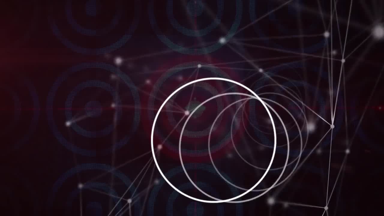animación de círculos que giran sobre una red de conexiones sobre un fondo negro