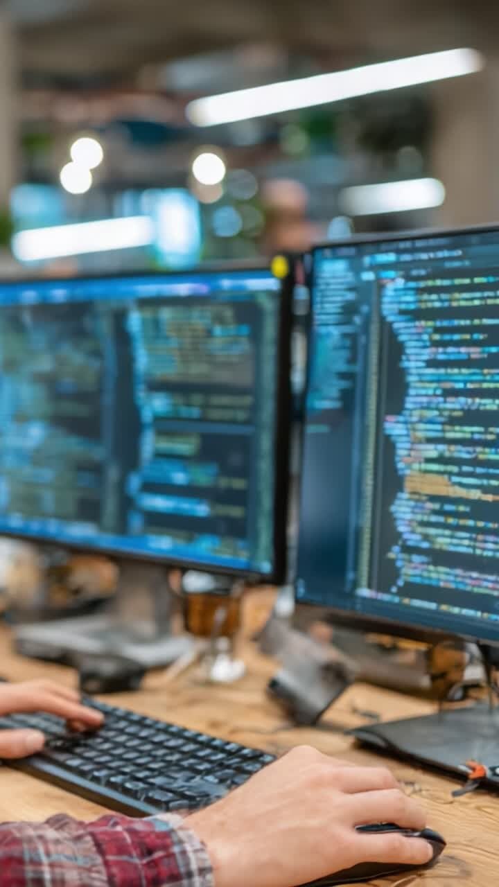 Um desenvolvedor envolvido em programação com vários monitores exibindo linhas de código colorido em um ambiente de trabalho moderno