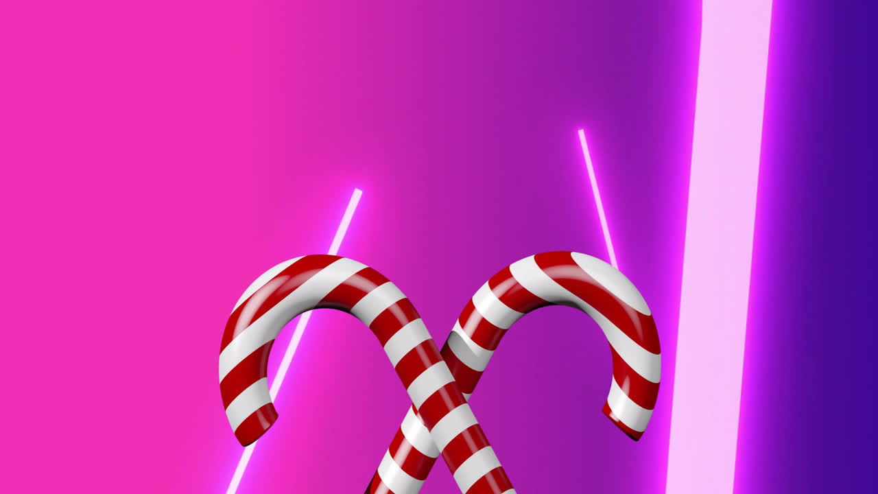Neon lights illuminating candy canes on vibrant pink and purple background animation