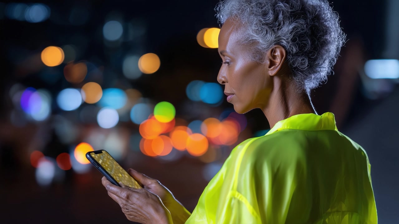 A thoughtful woman with short gray hair wearing a bright yellow jacket is intently using her smartphone, illuminated by colorful city lights at night.