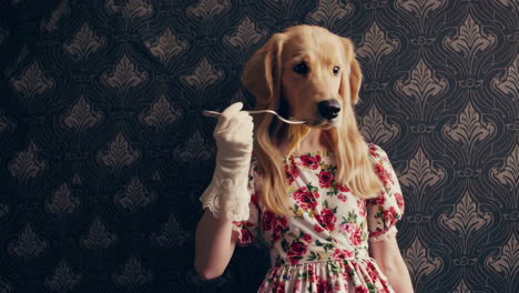 surreal golden retriever in a floral dress eating pasta