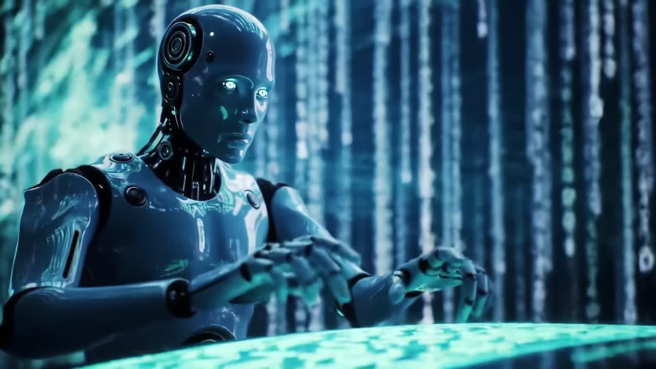 A futuristic robotic entity interacts with a digital interface, surrounded by streams of data, illustrating the convergence of technology and artificial intelligence