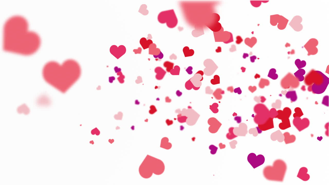 Flying romantic red hearts of different sizes. Animated abstract white background. Looped video. Concept for valentine's day, wedding.