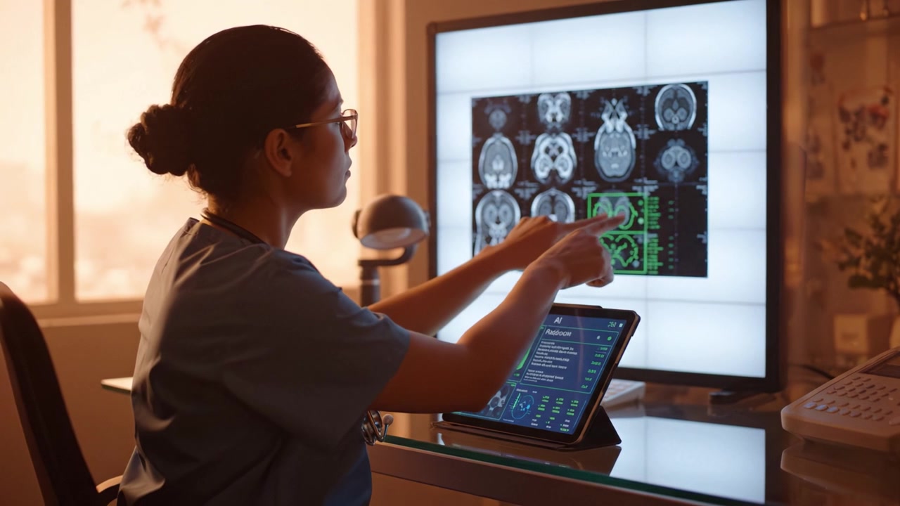 Professionista sanitario che analizza dati di imaging cerebrale su un tablet mentre esamina un display medico in un ambiente clinico moderno durante un tardo pomeriggio.