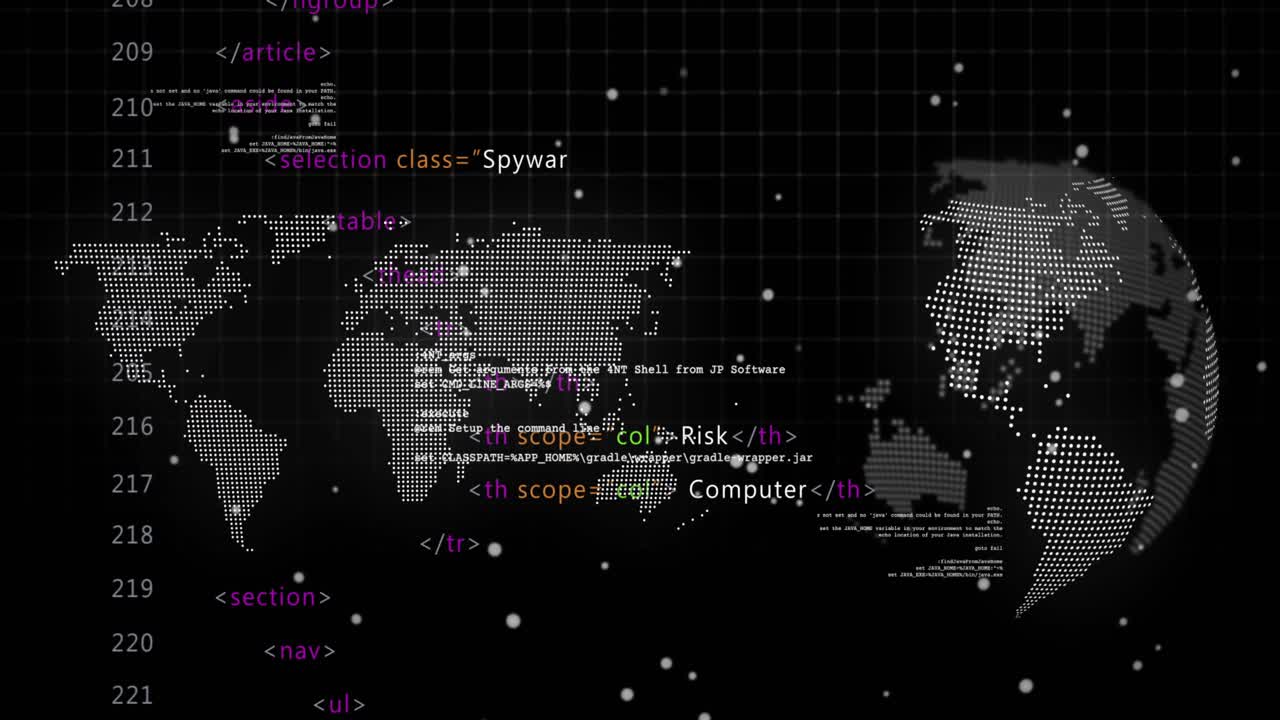 On grid backdrop dots drifting as dotted map and globe scrolling code simulating security interface