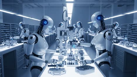 a futuristic assembly line featuring advanced robots engaged in precision manufacturing, showcasing innovative technology and automation in a high-tech environment