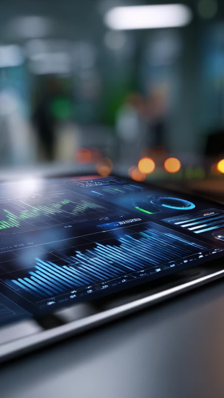 Modern Digital Interface Displaying Dynamic Data Analytics on a Tablet with Bright Visual Elements and Colorful Charts in a Sleek Business Environment