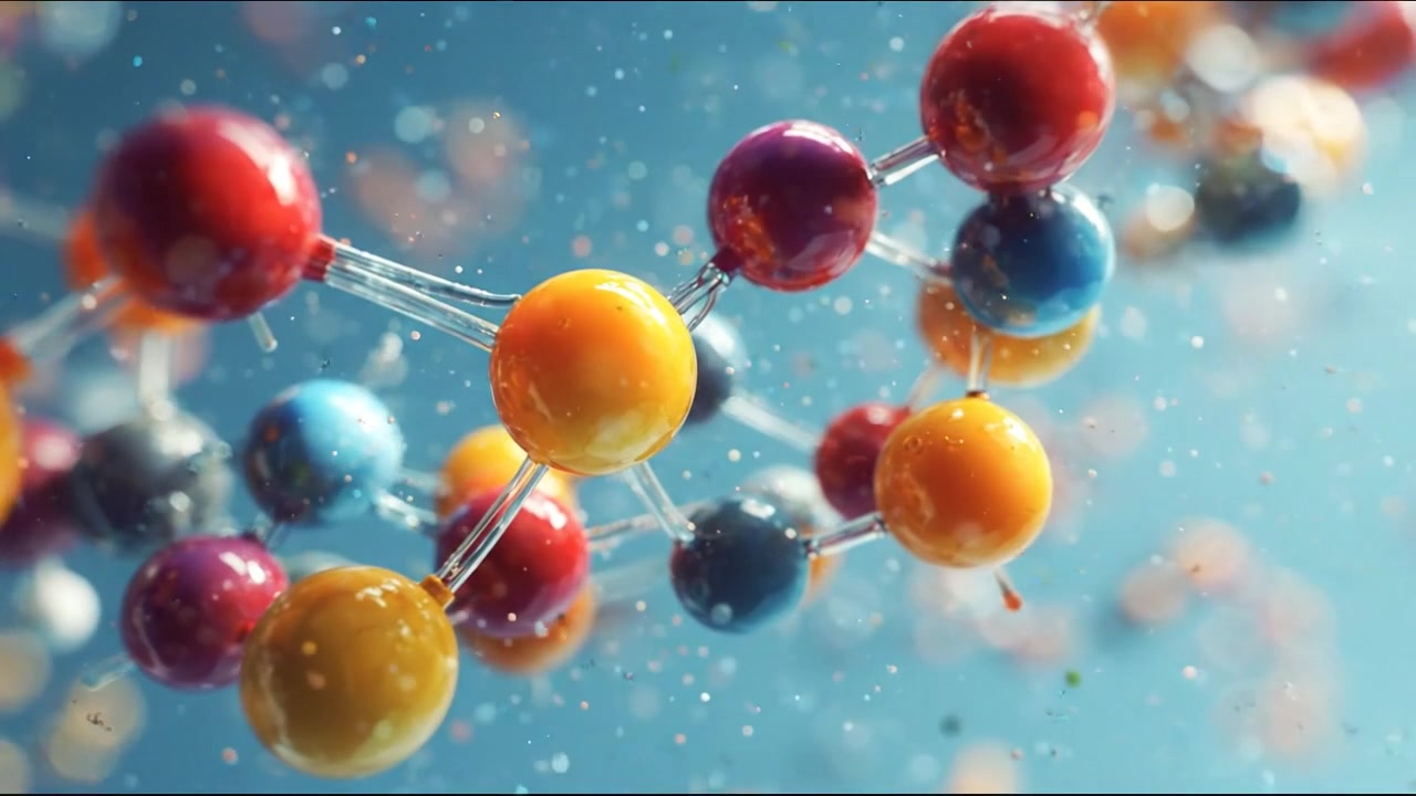 Estructuras moleculares coloridas flotando sobre un fondo científico brillante