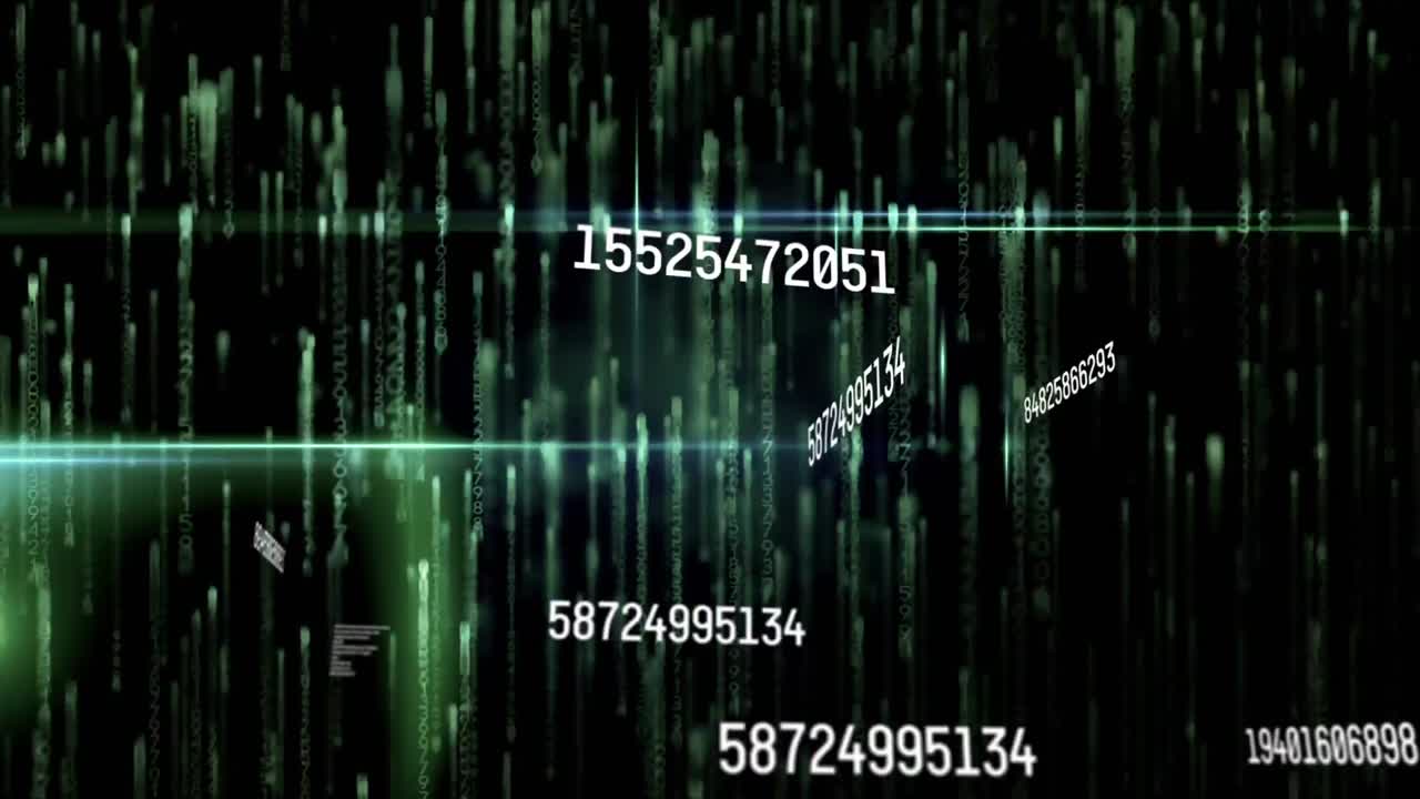 Animation of numbers changing and data processing with glowing green light trails