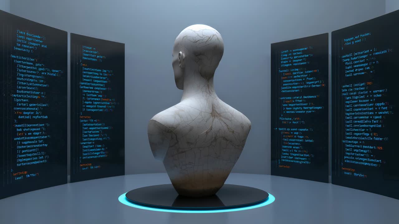Rotating marble bust revealing right profile as pedestal starting on cyan ring, showing code panels