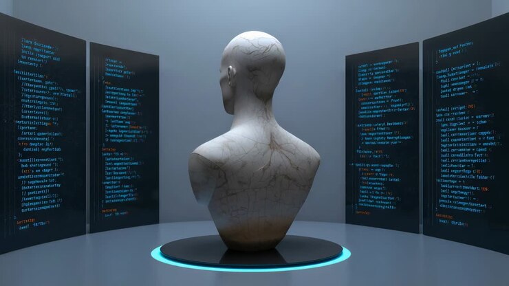Rotating marble bust revealing right profile as pedestal starting on cyan ring, showing code panels