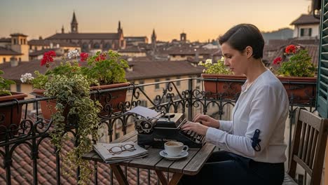 a serene evening writing retreat on a balcony overlooking a picturesque cityscape with flowers, a typewriter, and a warm cup of coffee