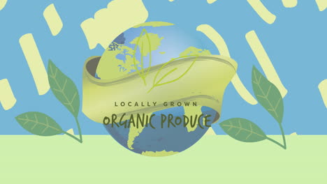 animation of organic produce text over globe and leaves on blue and green background