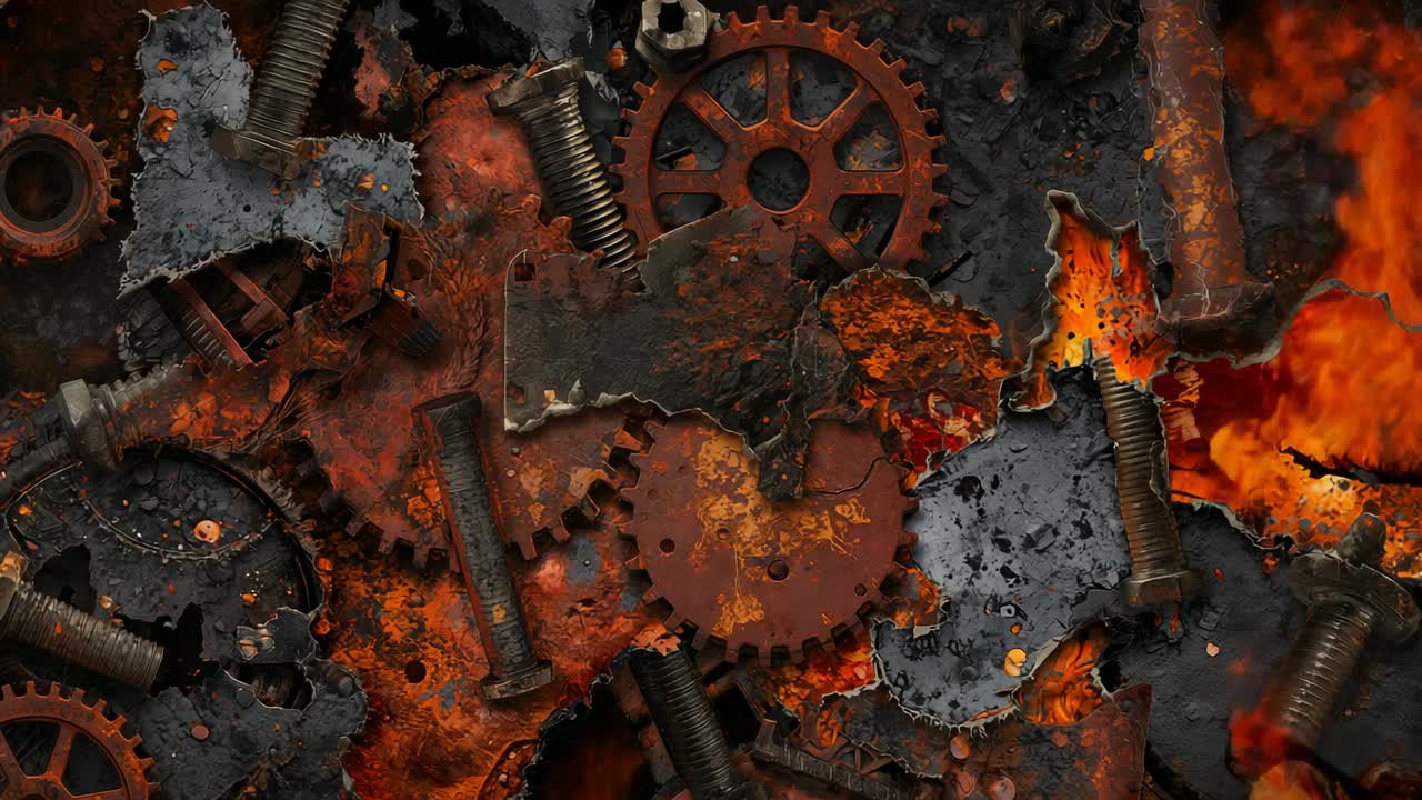 Showing close-up of gears in forge while glowing molten metal flows through cracks displaying decay