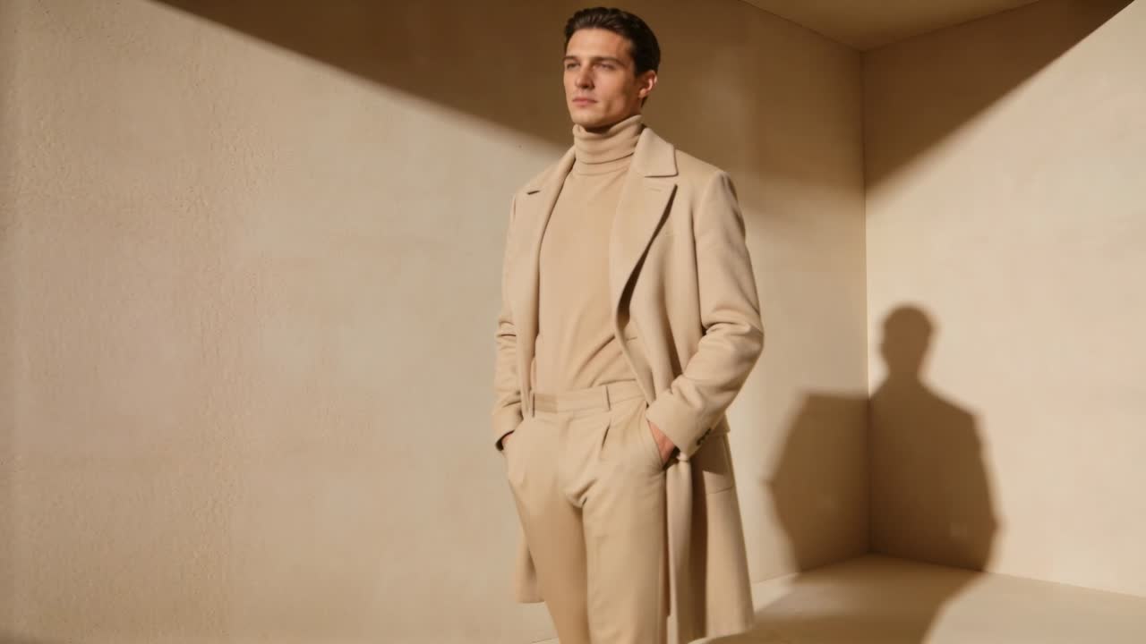 Fotogramas que avanzan, haciendo que un modelo masculino ajuste su pose, revelando la sombra de un abrigo