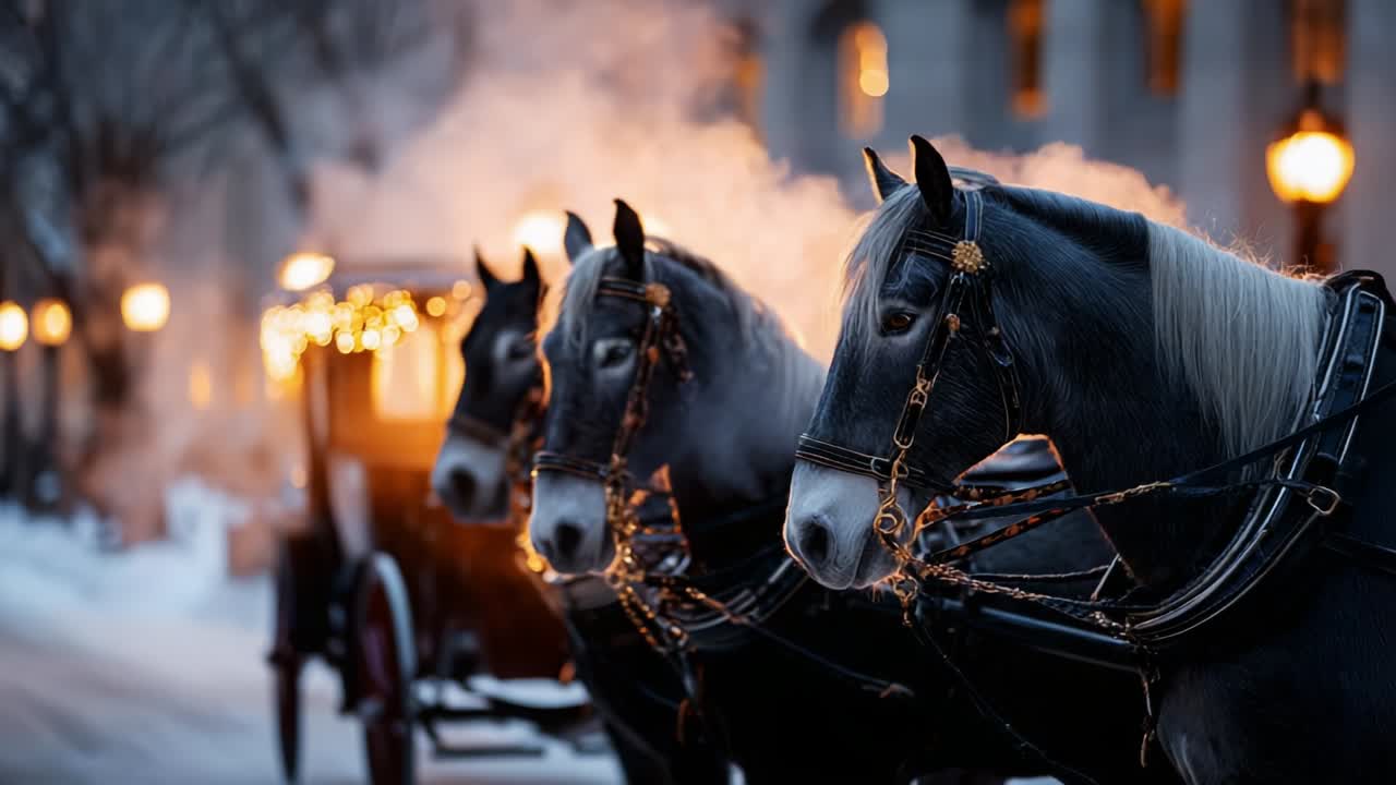 Three Majestic Horses in a Winter Setting, Pulling a Carriage with Soft Steam Rising Amidst City Lights, Capturing the Beauty of Horse-Drawn Transport on a Cold Evening