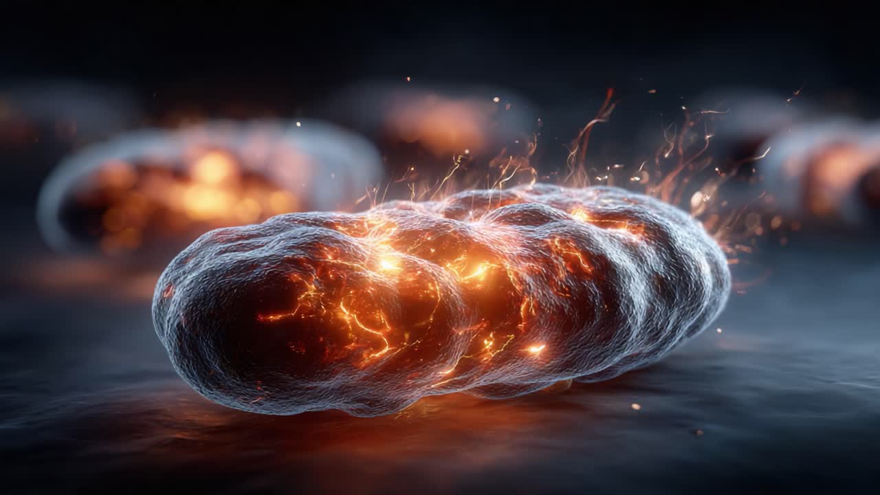 A Stunning Close-Up of Energetic Microbial Structures Glowing with Fiery Colors, Capturing the Dynamic Interplay of Light and Form in a Striking Visual Composition