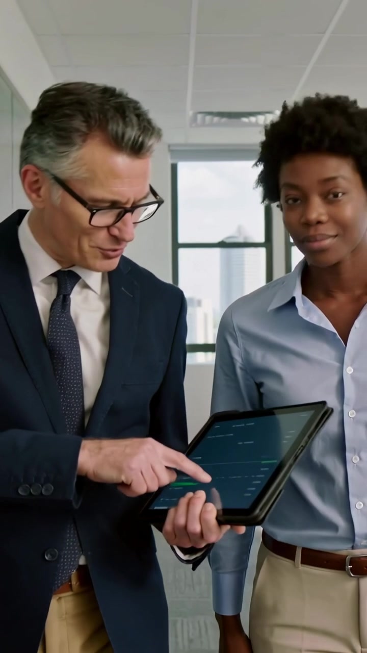 Vertical video: Tapping tablet, manager and colleague reviewing app in office, in business attire
